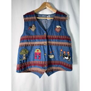 Bobbie Brooks VTG Denim Farm Patchwork Vest Womens Large Blue Cottagecore Cow